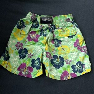 Vilebrequin Kids Floral Swim Trunks in Mint, Navy & Purple